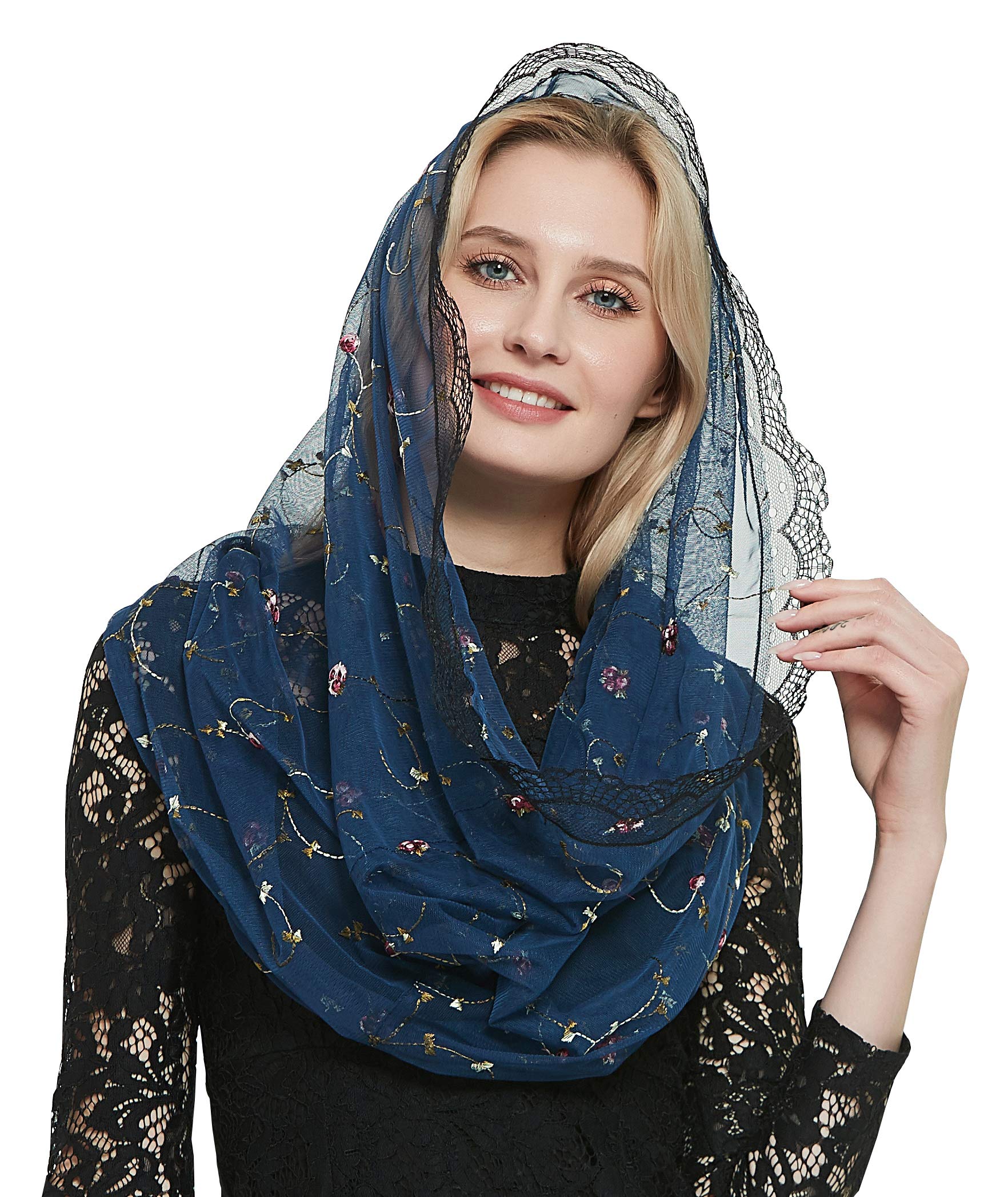 Orthodox Veil Head Covering with Embroidered Flowers Catholic Chapel Mantilla veil V50, Navy Wrap, One Size