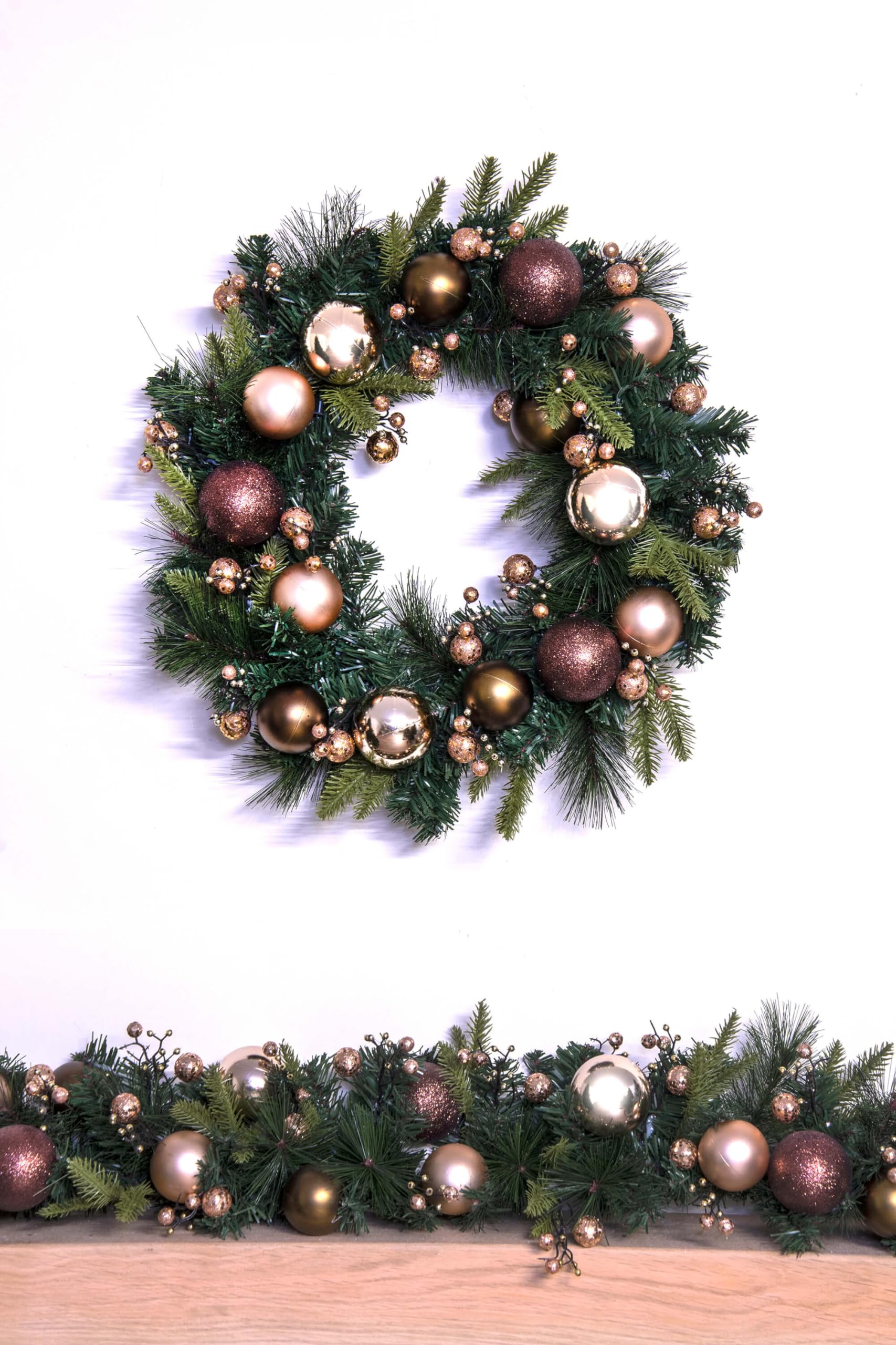 Christmas Tree World Bronze | 50Cm Decorated Mixed Pine Wreath With & Copper Baubles