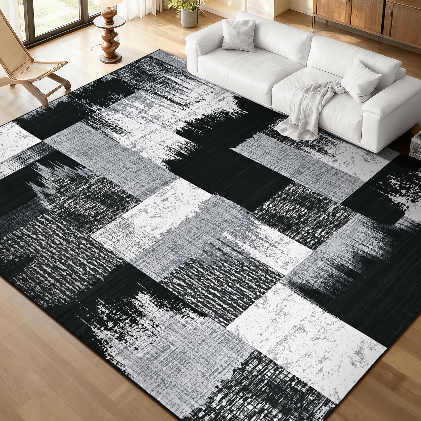 Alishomtll Tapis moderne géométrique noir gris 160 x 230 cm | Tapis de cuisine antidérapant à poils courts - Doux et lavable - Pour salon, chambre à coucher, bureau, entrée