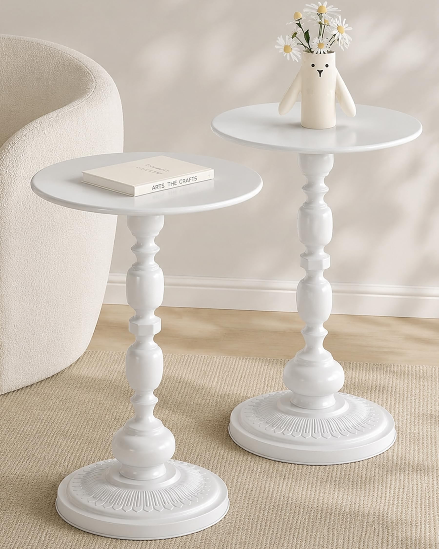 Lot de 2 Table d'Appoint Blanche Petite Table Basse Ronde, Gueridon Salon Tables de Chevet en Métal, Largeur 40 cm, Hauteur 54 cm (Blanche)
