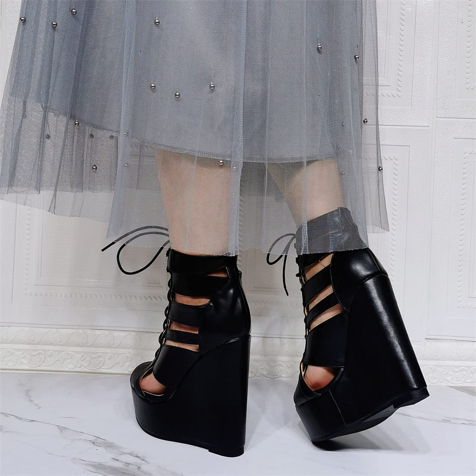 Sandali con Zeppa di Grandi Dimensioni da 15 cm in Pizzo con Tacco Alto Sexy 36-52, Black-44