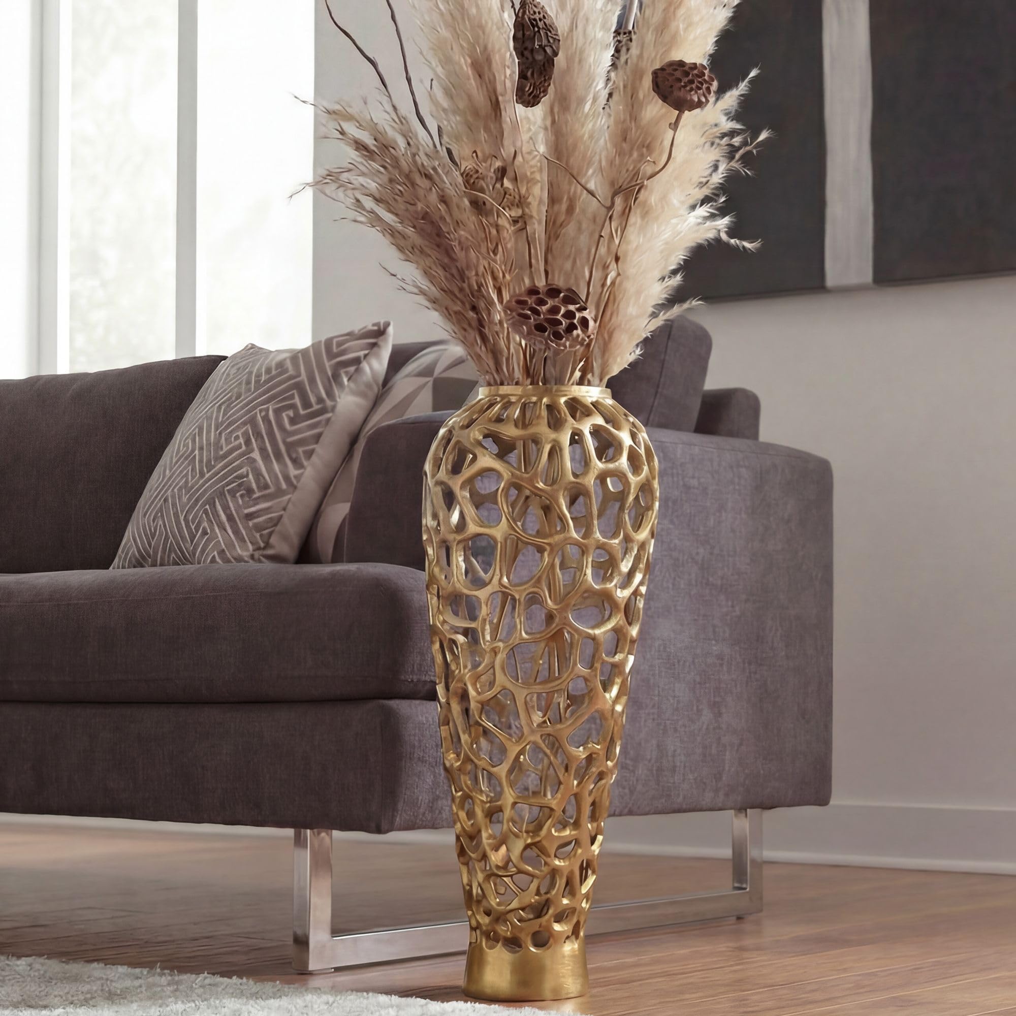 WOHNLING Bodenvase Aluminium 85cm Gold - Design Blumenvase Groß - Metallvase Modern - Dekovase rund für Trockenblumen - XXL Standvase Hoch - Wohnzimmer Deko - Wohndeko Handmade
