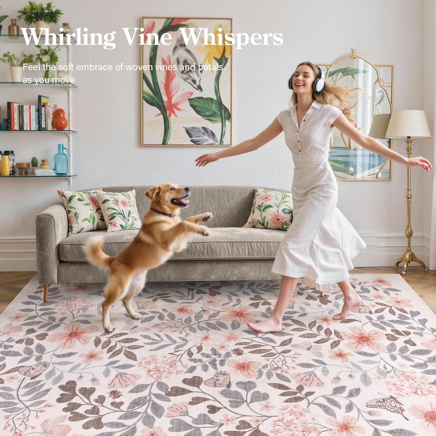 Lahome 8x10 Fall Floral Area Rugs for Bedroom, Apricot Boho Decor Washable Carpet, Non-Slip Rug for Girls Nursery, Living Room, Dorm, Apartment Decor, Cozy Retreat - Image 3