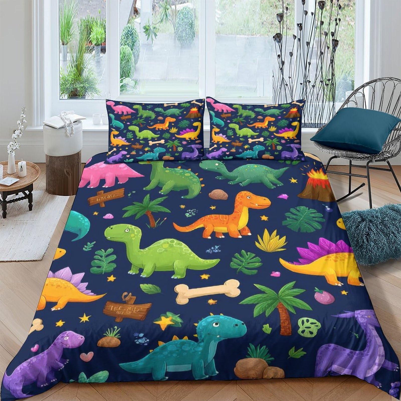 XFKLYNVCJ 3D Printed Dinosaur Cartoon Duvet Cover Microfiber Colorful Prehistoric Quilt Cover Soft Breathable Easy Care for Student Dormitory University Accommodation Daily Use Double（200x200cm）