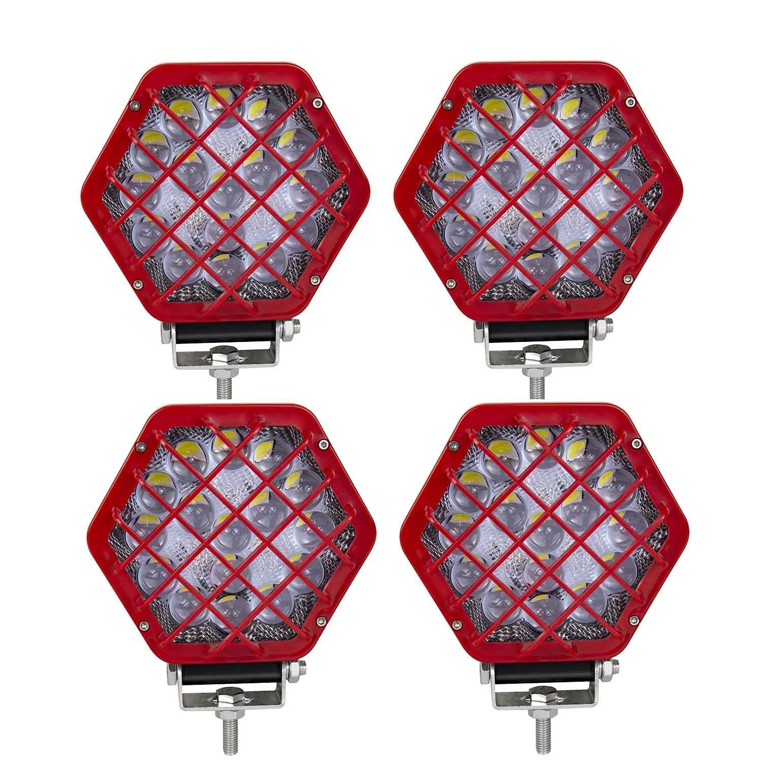 RIGIDON 4 szt. 12 cm 48 W kwadratowe czerwone światło robocze LED, wodoodporna wiązka punktowa 5D, 12 V 24 V lampa do samochodu terenowego łodzi ciężarówki 4 x 4 SUV ATV traktory koparka, 6000 K białe reflektory przeciwmgielne lampa