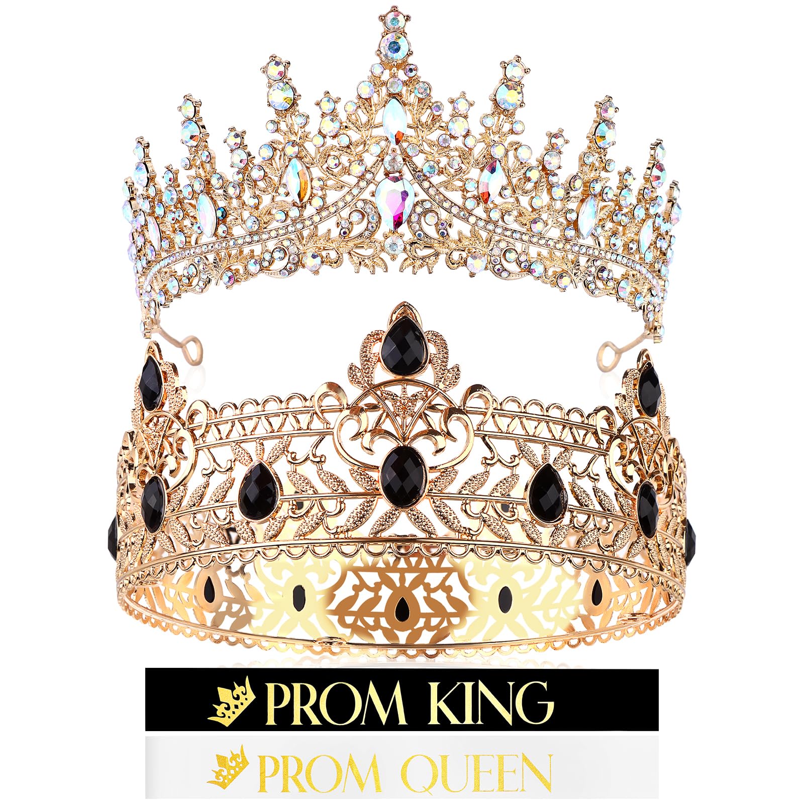 4 Pcs Gold King Crown Tiara Crowns for Men Women Prom King and Queen Crowns with Satin Sash Rhinestone Crystal Crown Queen Tiara Sash for Wedding