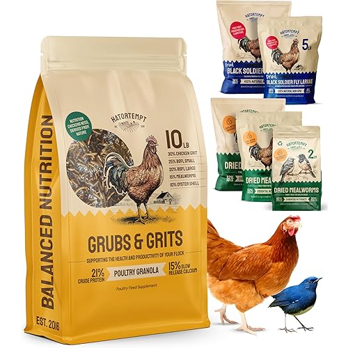 Hatortempt Grubs & Grits Chicken Feed Supplement - 10lb - with Chicken Grit, Mealworms, Black Fly Larvae and Oyster Shells - 21% Protein and 15% Calcium
