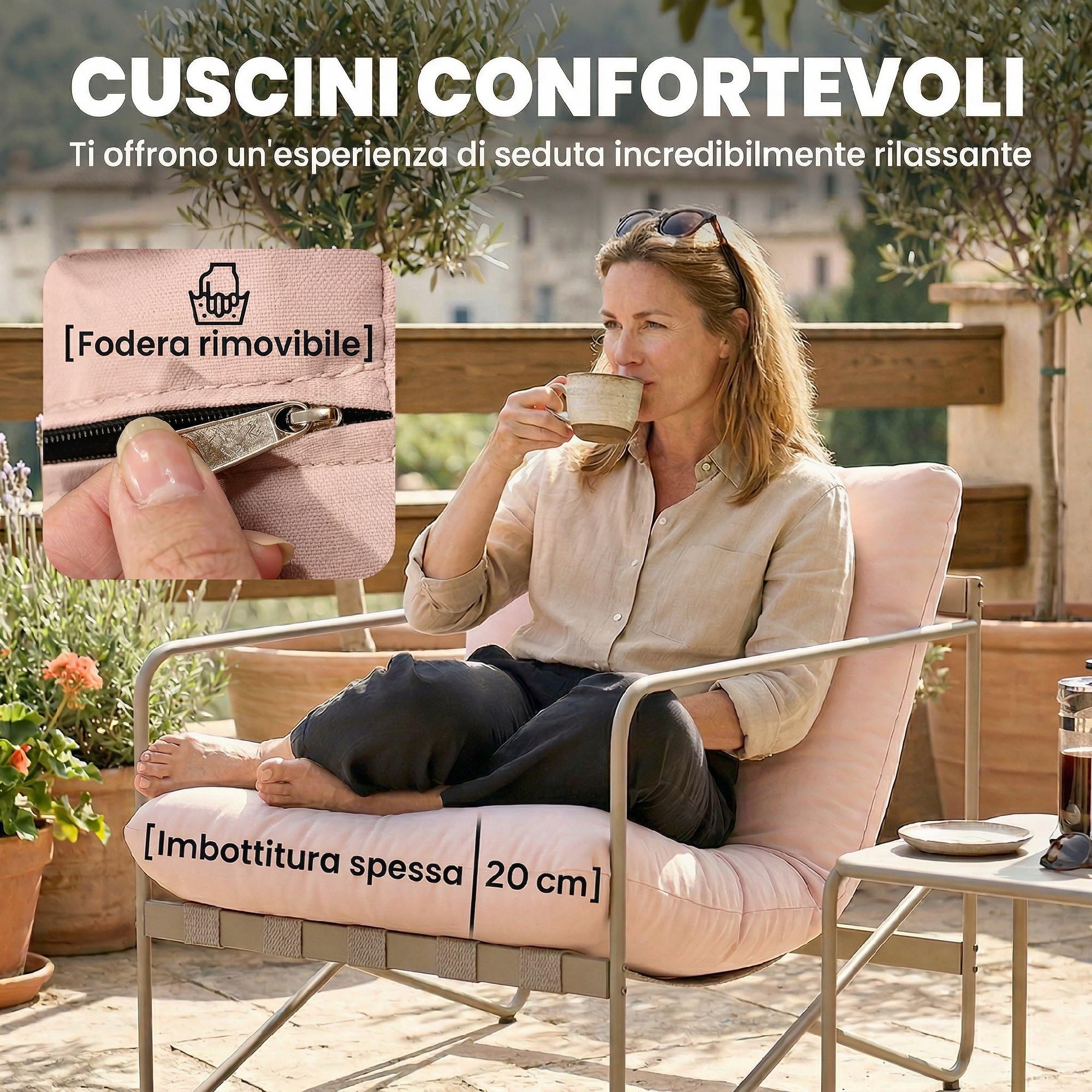 Outsunny Set Salotto da Giardino 4 Pezzi, Set di Mobili da Giardino in Metallo con Divano 2 Posti, 2 Poltrone, Tavolino con Piano Metallo, Cuscini Spessi, Salottino da Esterno per Patio Balcone, Rosa