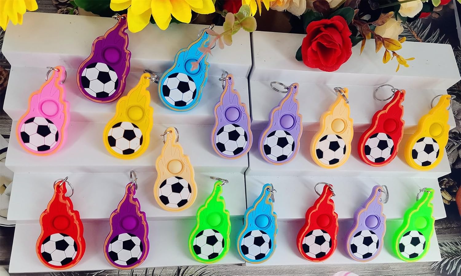 24 Packs Sport Soccer Students Gifts Bulk Rainbow Fidgets Keychain Gifts from Teacher, Mini Pop Holiday Classroom Prize Party Favors for Kids