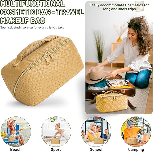Miniatura 7 de VVABELLI Bolsa de maquillaje  Bolsa de cosméticos de viaje de gran capacidad, portátil de cuero impermeable, bolsa de maquillaje de viaje para