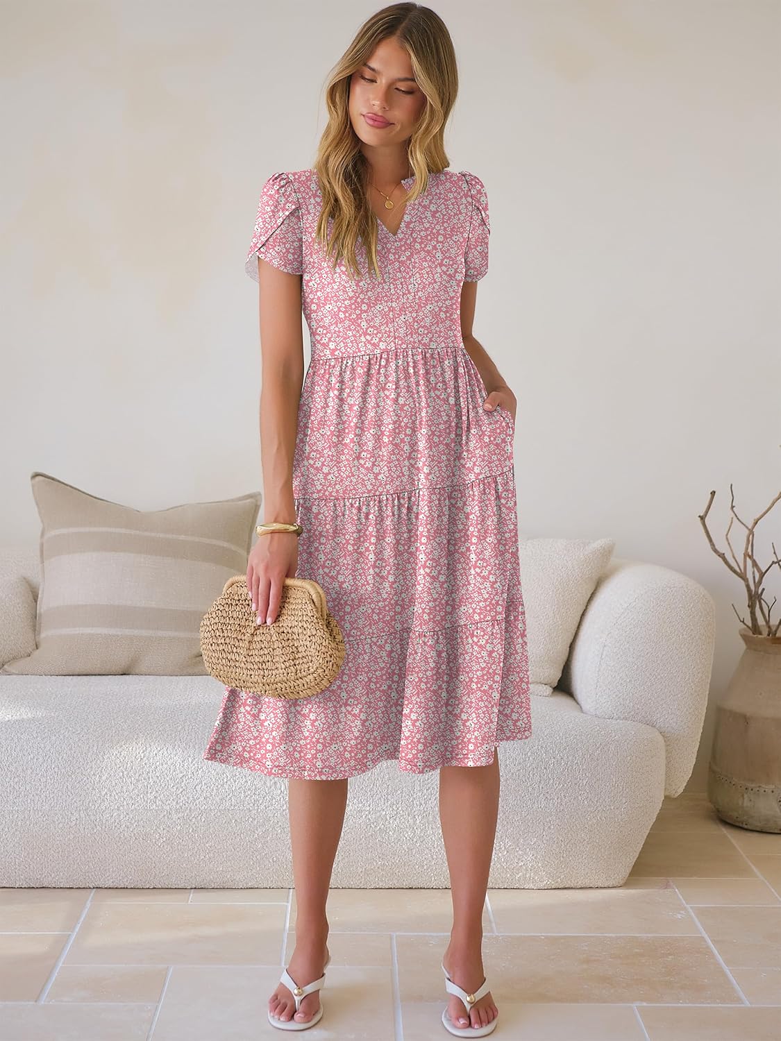 ANRABESS Womens Summer Causal Dresses V Neck Short Sleeve Midi Dress 2026 Flowy Tiered Boho Beach Sundress Vacation Outfits - Image 6