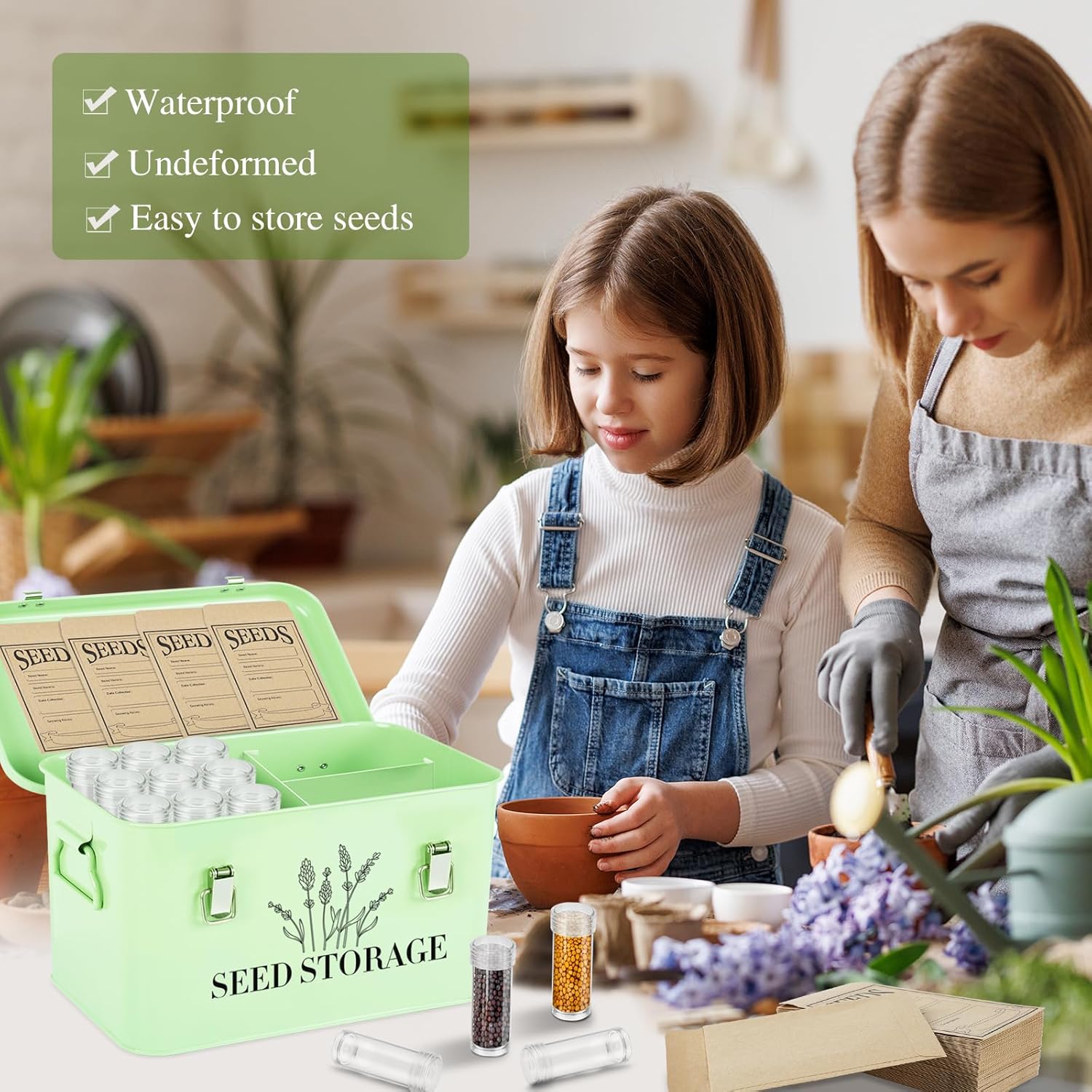 20 Slots Seed Storage Box with 3 Dividers, Metal Seed Storage Organizer Saving Box, Seeds Packet Container, Professional All-in-one Kit with 20 Seeds Envelopes and 60 Label Stickers