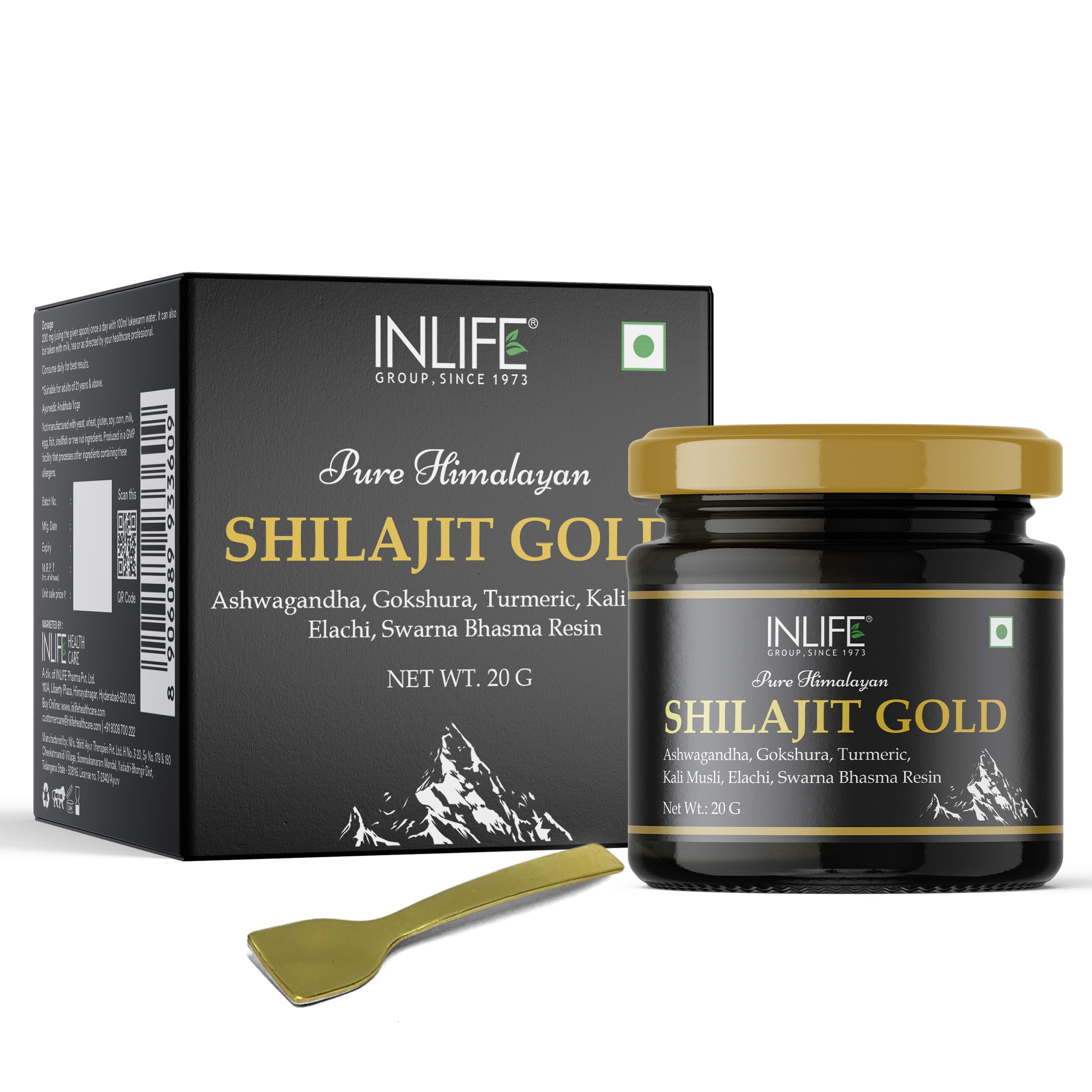 INLIFE Shilajit Gold 20g | Original Himalayan Shilajit Resin with Ashwagandha, Tribulus, Turmeric, Kali Musli for Strength, Endurance & Stamina | 75% Fulvic Acid | Lab Tested Ayurvedic Supplement