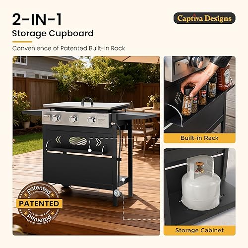 Miniatura 5 de Captiva Designs Parrilla plana de 27 pulgadas con sartén de hierro fundido recubierto de cerámica, parrilla de gas propano de 3 quemadores, parrilla