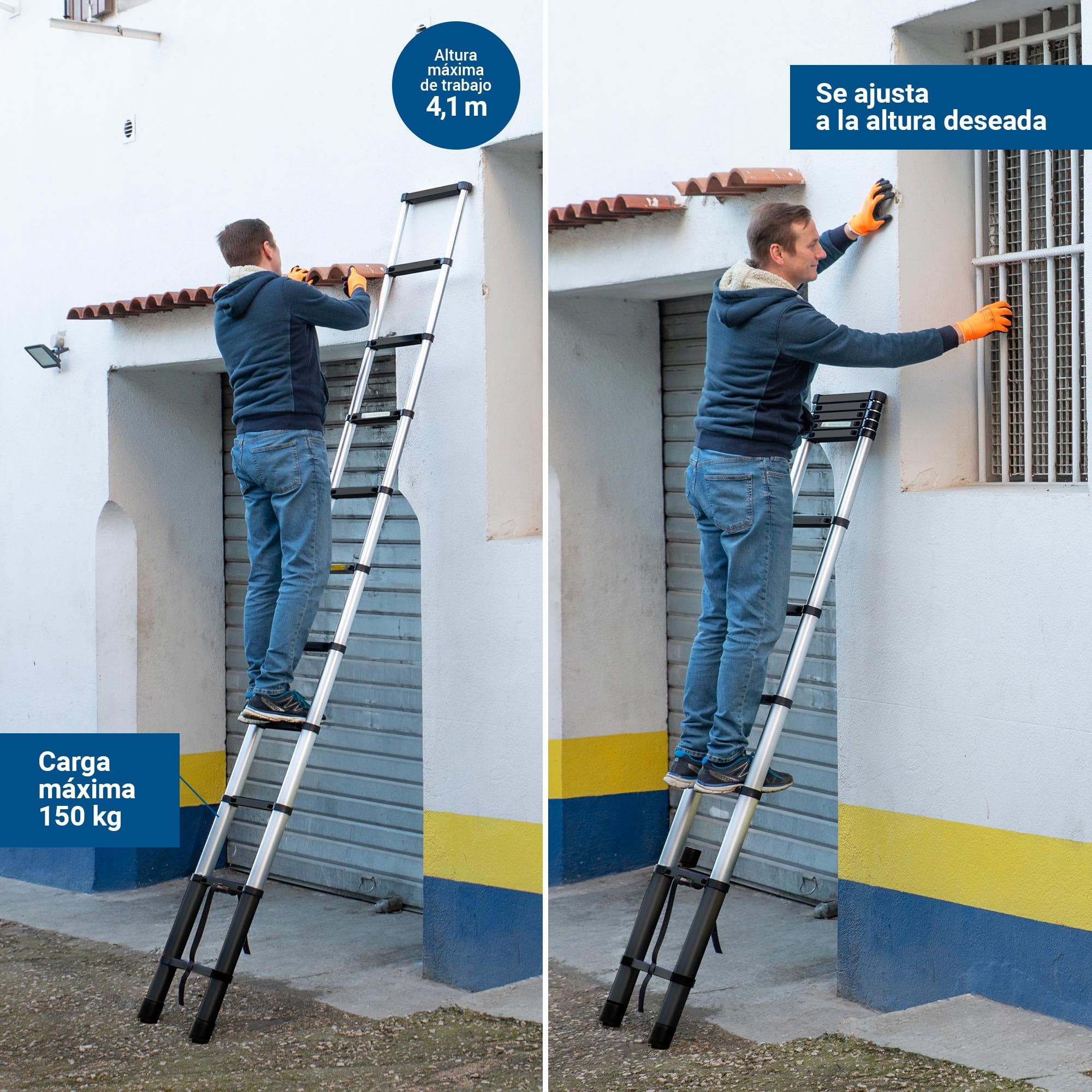 HOSTRÖM Escalera telescópica de 3,2 m TELESCOO11, Aluminio, Plegable, Extensible, Altura máxima de Trabajo 4,1 m, Norma EN131, garantía de 5 años.