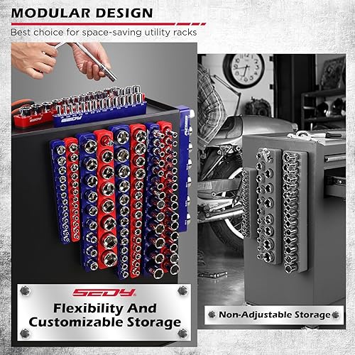 Miniatura 3 de Conjunto de organizador magnético de llaves de vaso de 12 piezas de 14" 38" 12"-Drive SAE y métrico (con capacidad para 143 llaves de vaso) -Bandeja