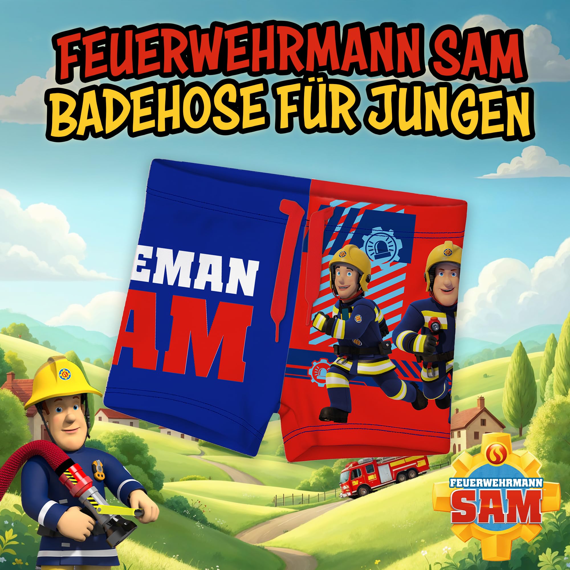United Labels Feuerwehrmann Sam Badehose für Jungen, Blau Rot, Badeshorts Kinder, Schwimmhose
