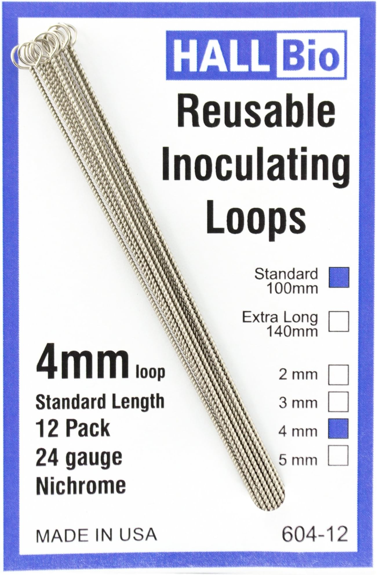 604-12 4mm x 100mm Reusable Inoculating Loops, Nichrome A (12 Pack)
