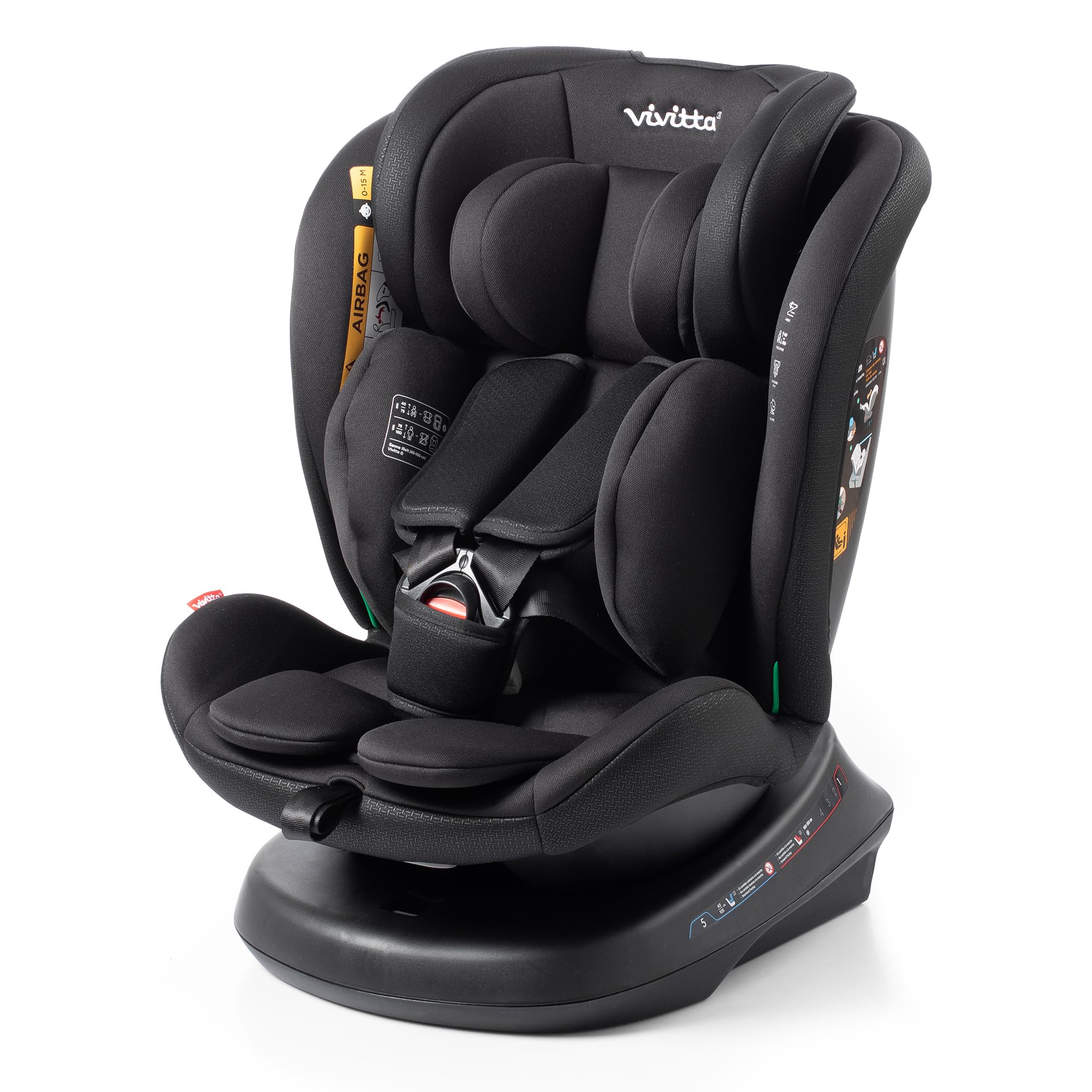 VIVITTA - Silla de coche sin isofix SANNA 40-​150cm – Edad: desde el nacimiento hasta los 12 años –I-​size – Acontramarcha hasta los 105 cm, 4 años aprox - Sin Isofix (BLACK EMBOSSED)