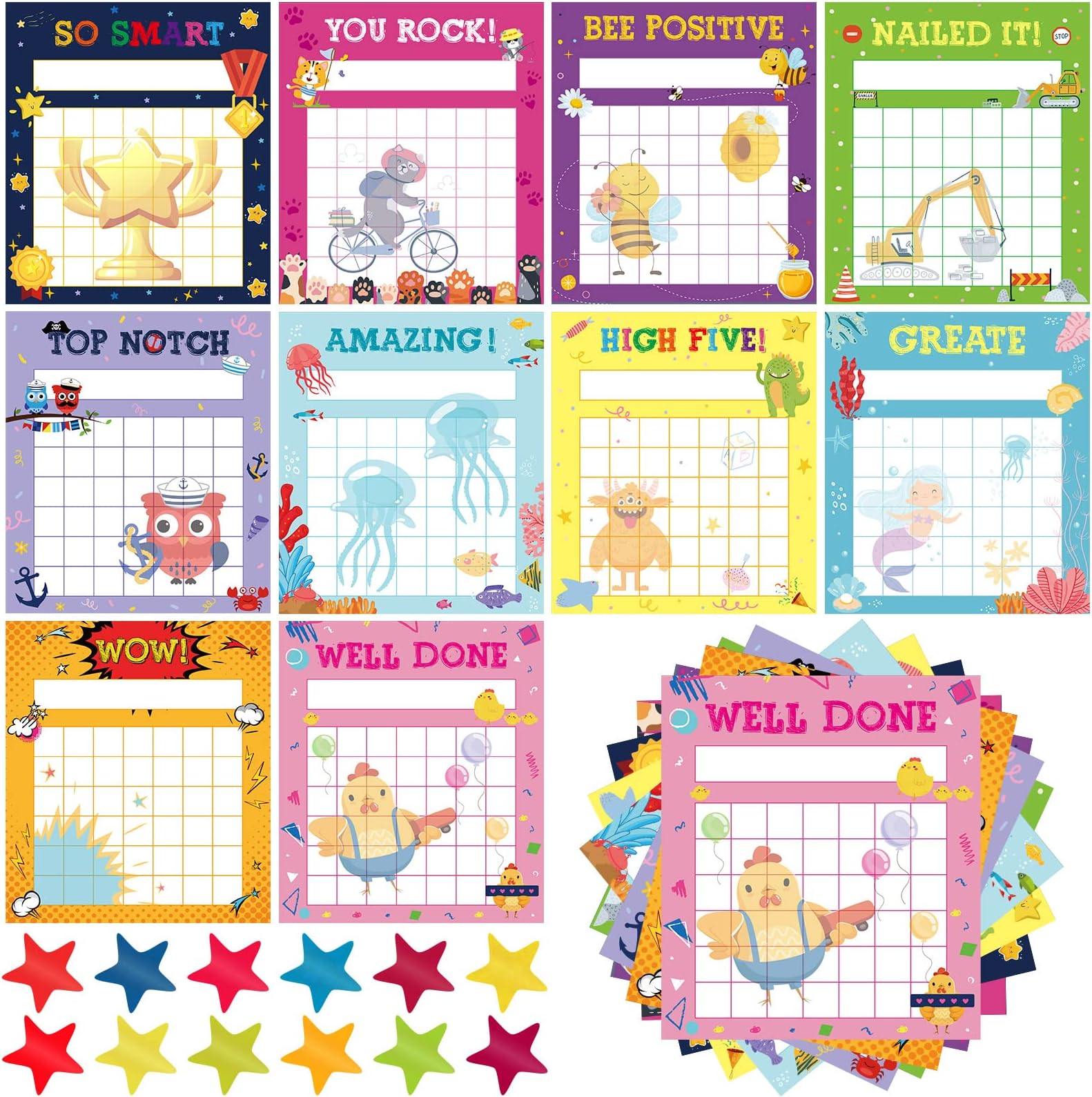 Colarr100 Pieces Sticker Chart Classroom Incentive Chart Sticker Chart for Kids 10 Designs Behavior Chart for Kids at Home with 2800 Star Stickers (Cartoon)