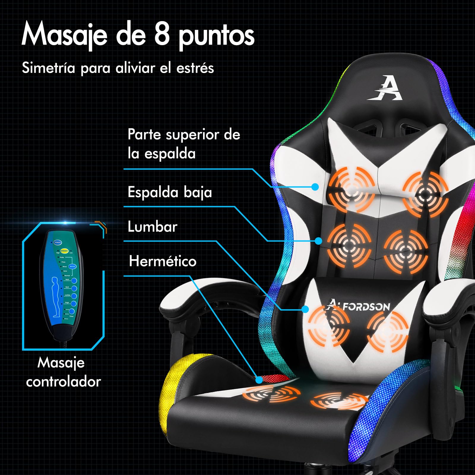 ALFORDSON Silla Gaming con Masajeador y Luces LED, Silla Gamer Ergonómica para Escritorio, Altura Regulable Cadeira con Apoyo Lumbar y Reposacabezas, Respaldo Inclinable hasta 150°, Cuero PU(Blanca)