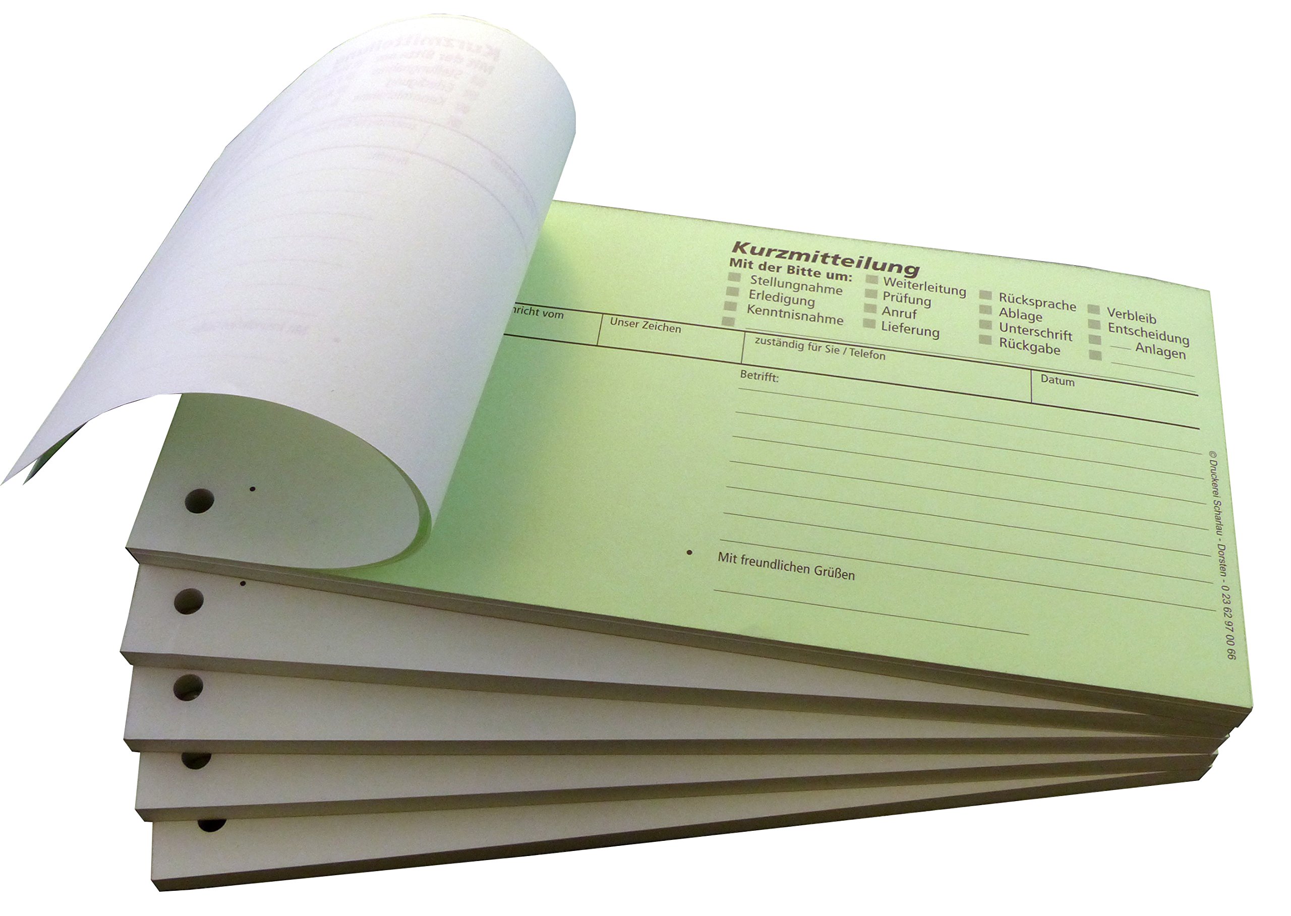 4x Block Kurzmitteilung - SD 2 x 50 Blatt, selbstdurchschreibend 10 x 21cm, gelocht - cb weiß 60 + cf grün 57cm (22610)
