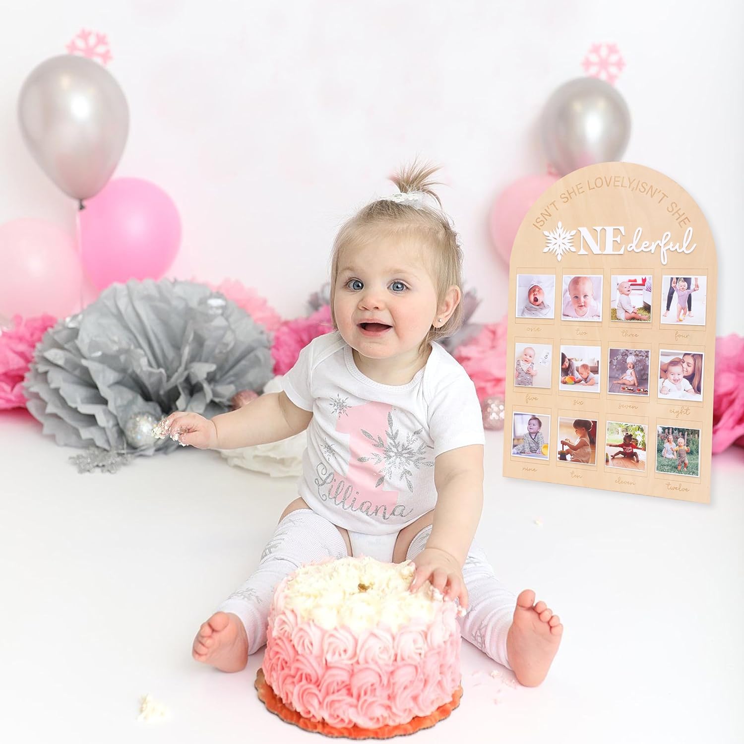 Snowflake First Birthday Photo Board - Personalized 'Winter Onederland' Milestone Board for Boys & Girls, 1st Birthday Party Decor, Wooden Picture Display with 12 Months Baby Memories