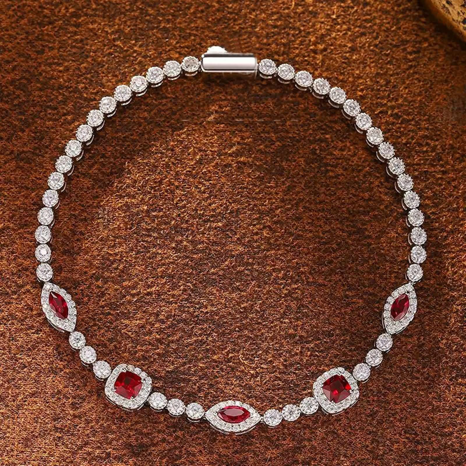 Donna Bracciale Oro Bianco 9 Kt / 14 Kt / 18 Kt 750, Quadrato e Marchesa con Rubino Creato da 1,25 ct e Moissanite, Lunghezza 16 CM, Bracciale Catena Rosso Argento Donna