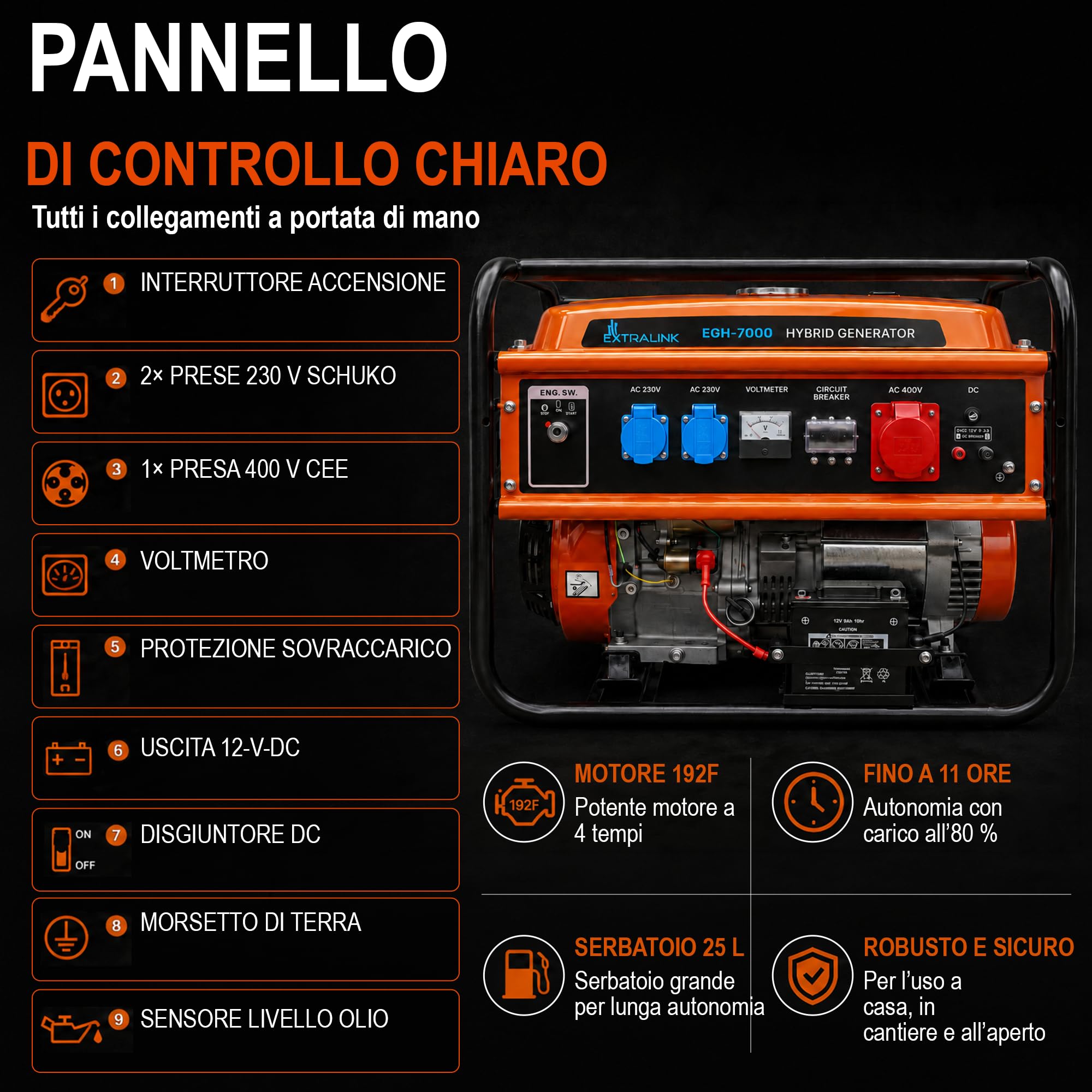 EXTRALINK EGH-7000 Generatore di corrente ibrido GPL CNG benzina 7 kW 3F 7000 W Capacità serbatoio 25 l Sistema di protezione da sovraccarico Easy-Start 2 x AC 230 V
