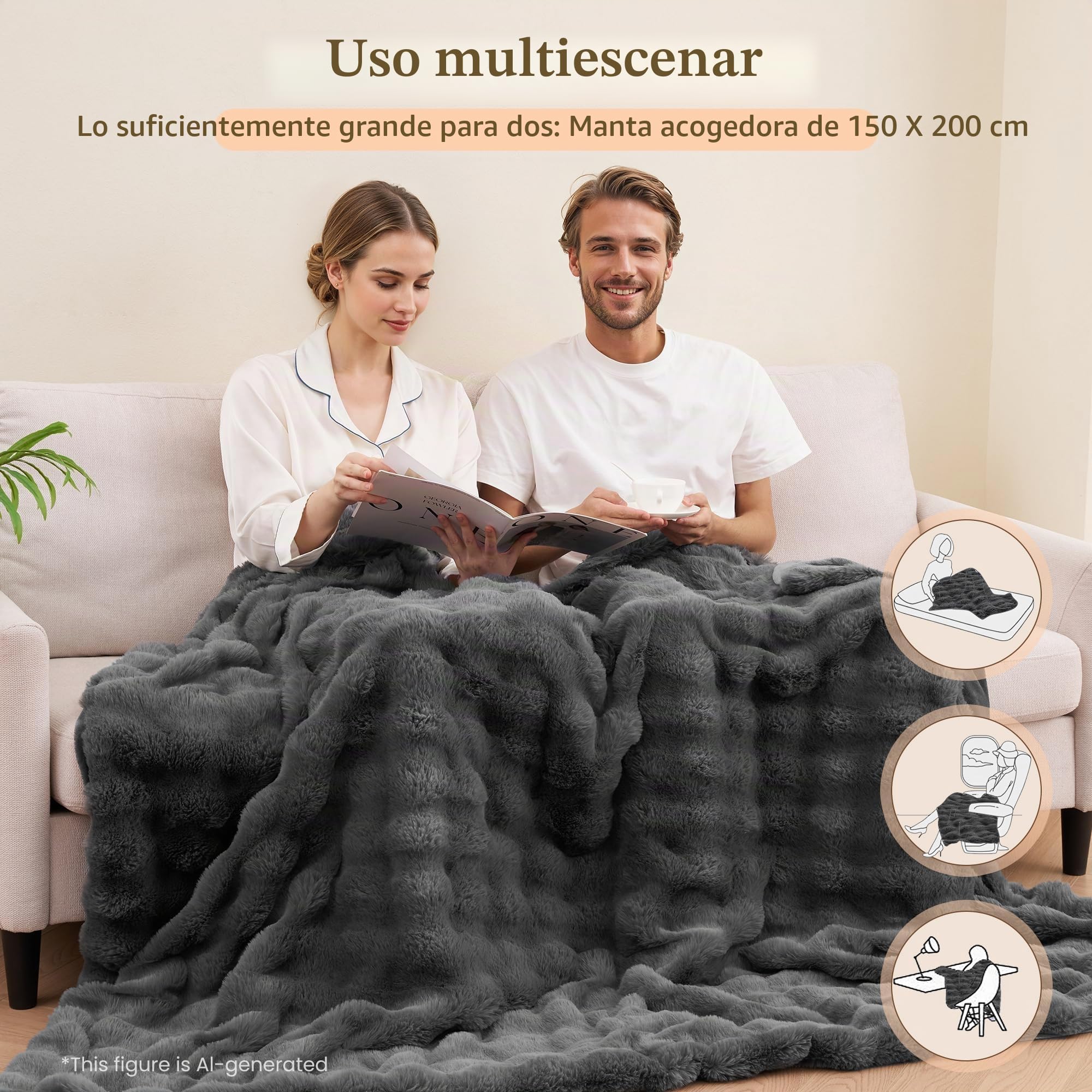 Manta Eléctrica Calefactable 150x200 cm, Tejido de Burbujas en Vellón de Conejo y Franela, 4 Niveles de Calor, Apagado Automático 10H, Lavable a Máquina para Cama, Sofá, Oficina (Gris)
