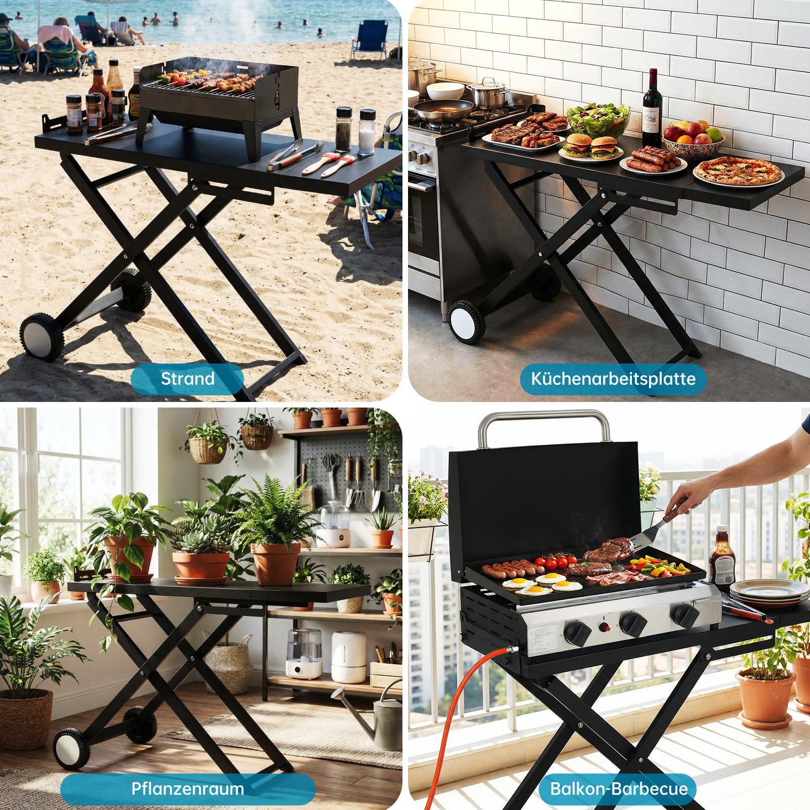 LIFERUN Klappbarer Grillwagen mit Arbeitsfläche 102x39 cm, 2 Räder, Tragbarer Grilltisch, Faltbarer Grillständer für Outdoor, 30 kg Traglast, Schwarz