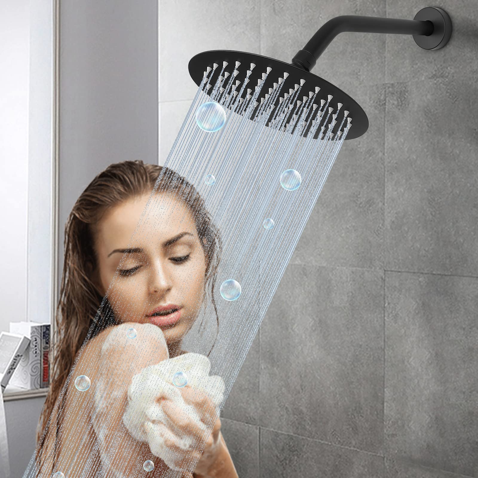 Brazo de ducha con brida y cinta de teflón, tubo de ducha montado en la pared, brazo de extensión de acero inoxidable 304 para cabezal de ducha fijo y mano (10 pulgadas, negro mate)