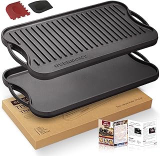 Overmont Pre-seasoned 17x9.8" Cast Iron Reversible Griddle Grill Pan with handles for Gas Stovetop Open Fire Oven, One tra...