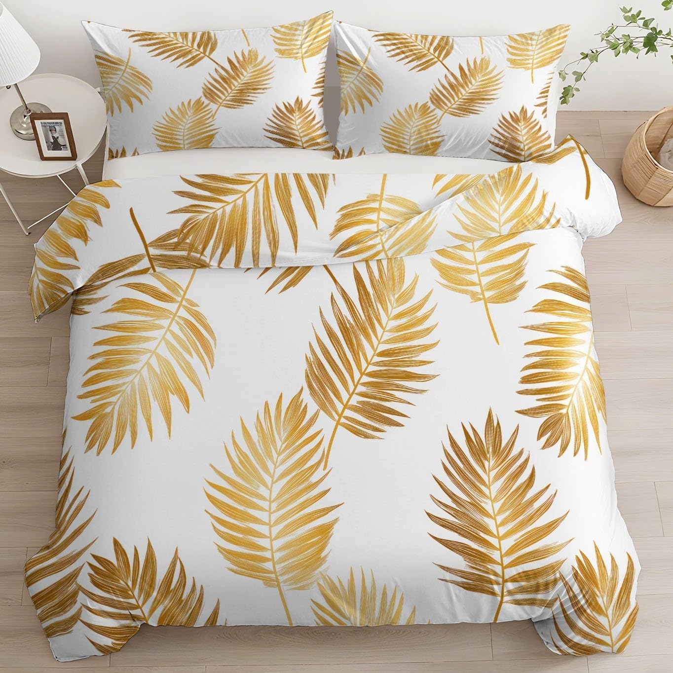 Parure de lit 2 personnes 260x240 housse de couette feuille dorée