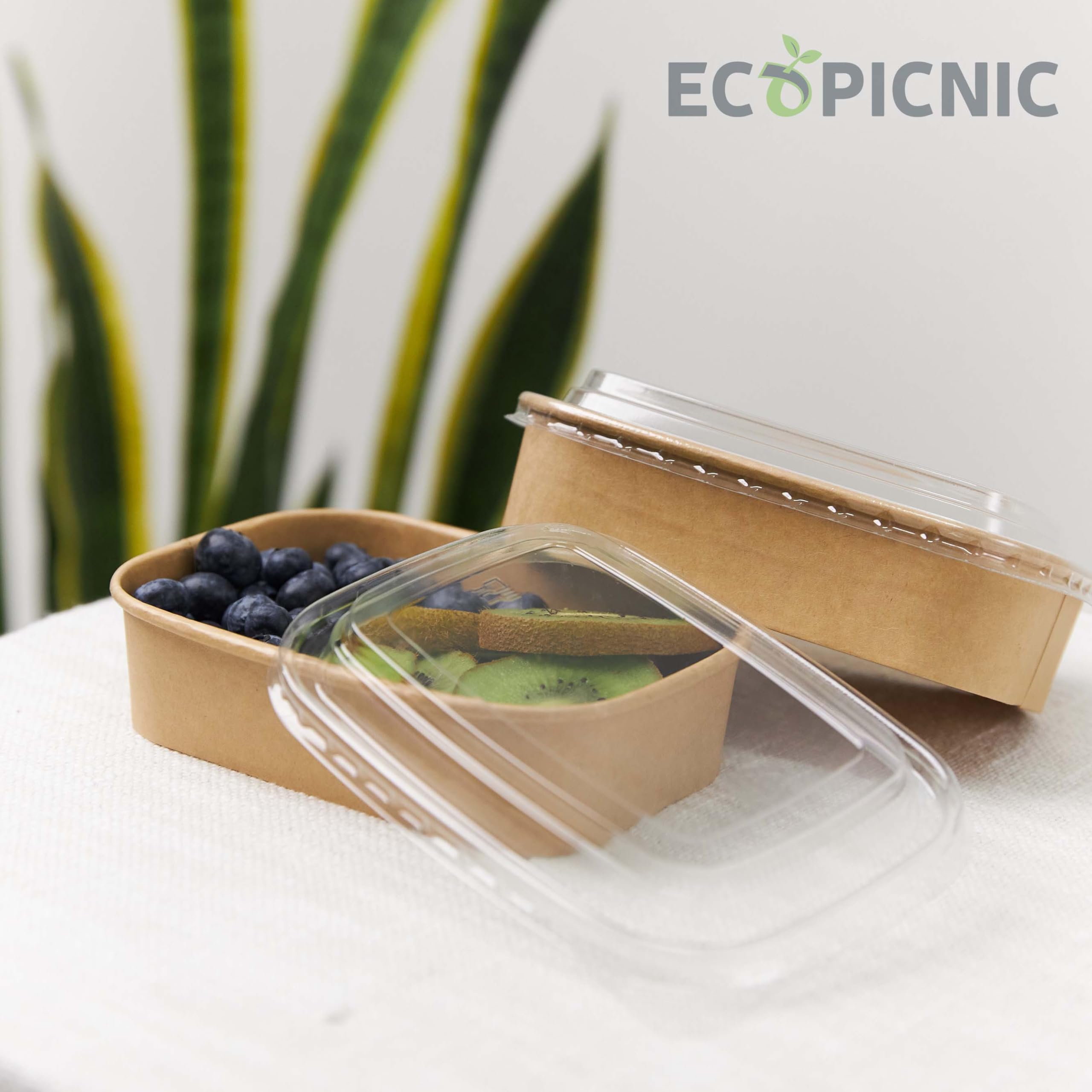 Lot De 50 Saladiers Rectangulaires 750ml Jetables ECOPICNIC - Emballage Écologique En Carton Pour Repas à Emporter