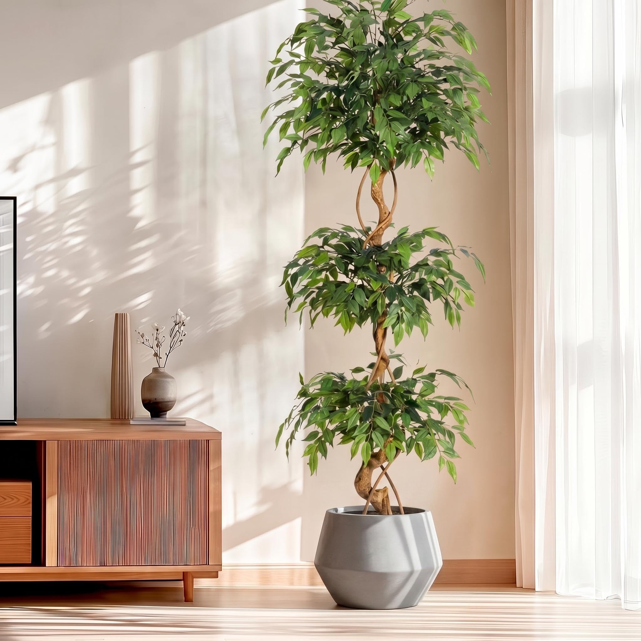 Arbre Artificiel 180cm Tronc Courbé et Pot Blanc, Déco Intérieur | Grande plante artificielle, faux arbre vert silhouette torsadée, végétal synthétique pour entrée, salon, bureau et maison