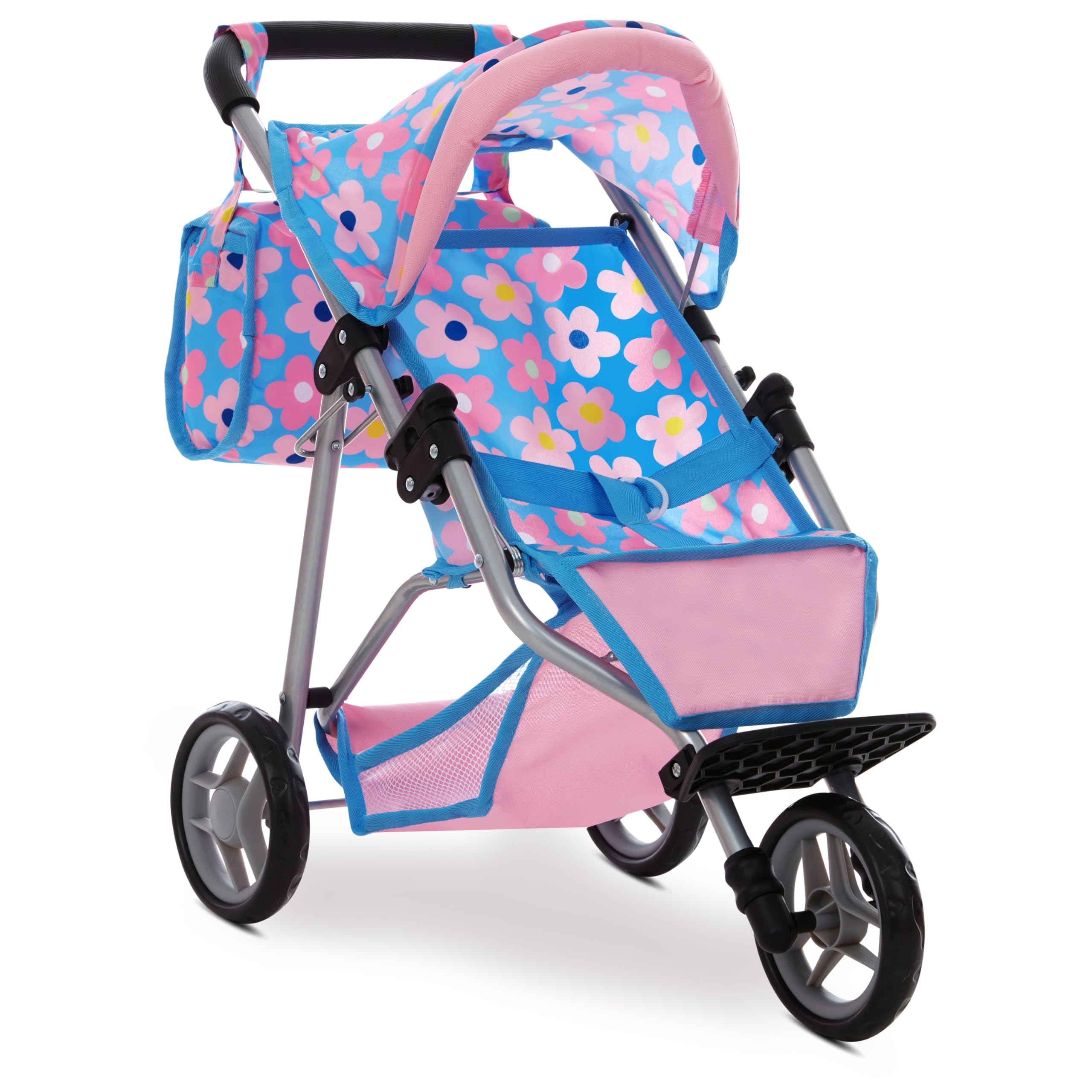 Dolls To Play Baby Doll Stroller Jogger Style 3 Wheels Toy, Girls with Canopy and Basket Buggy Carriage for Kids, My First Jogging Pram Heavy Duty - 21 Inch - Blue
