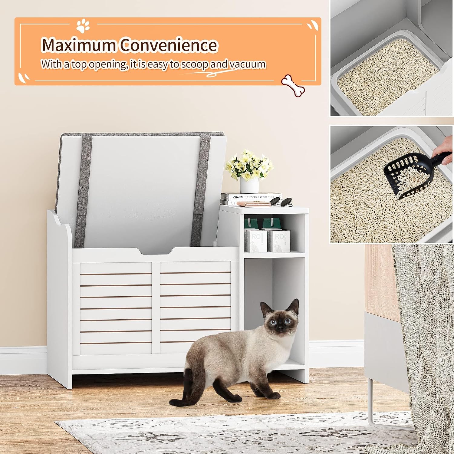 Hipicute 34 Inch Wide Cat Litter Box Enclosure Furniture, Cat Litter Box Furniture Hidden Top Entry, Soft Pad, White