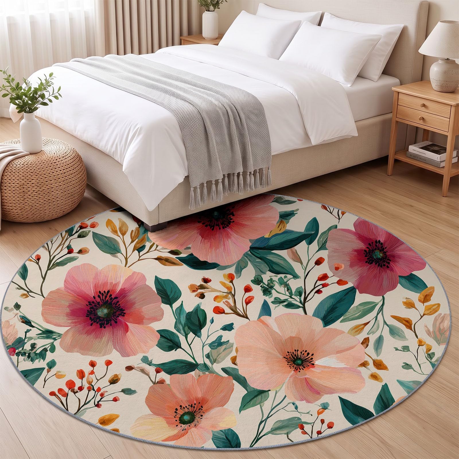 Générique Aquarelle Tapis Rond Salon 150 cm, Floral Feuilles Antidérapant Poils Courts Tapis De Sol Ronds Décoration, pour Salon Chambre Cuisine Balcon Terrasse, Beige