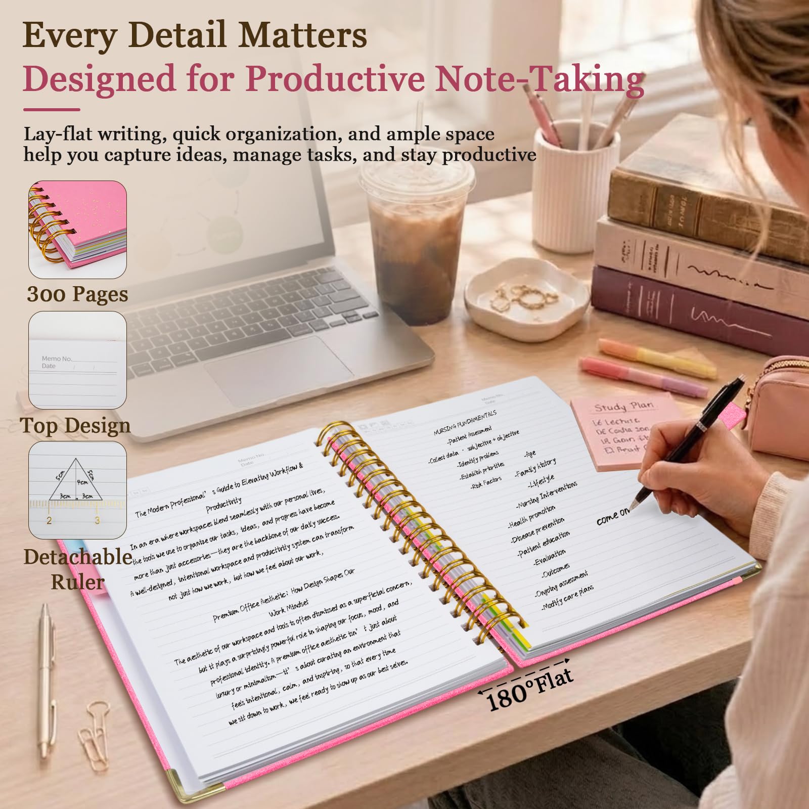Spiral Notebook Journal 8.5''x 11'' 5 Subject Notebook with Dividers, 300 Pages Notebook College Ruled with Magnetic Closure, A4 Tabbed Notebooks for Work School, Sparkle Journal for Women (Pink)
