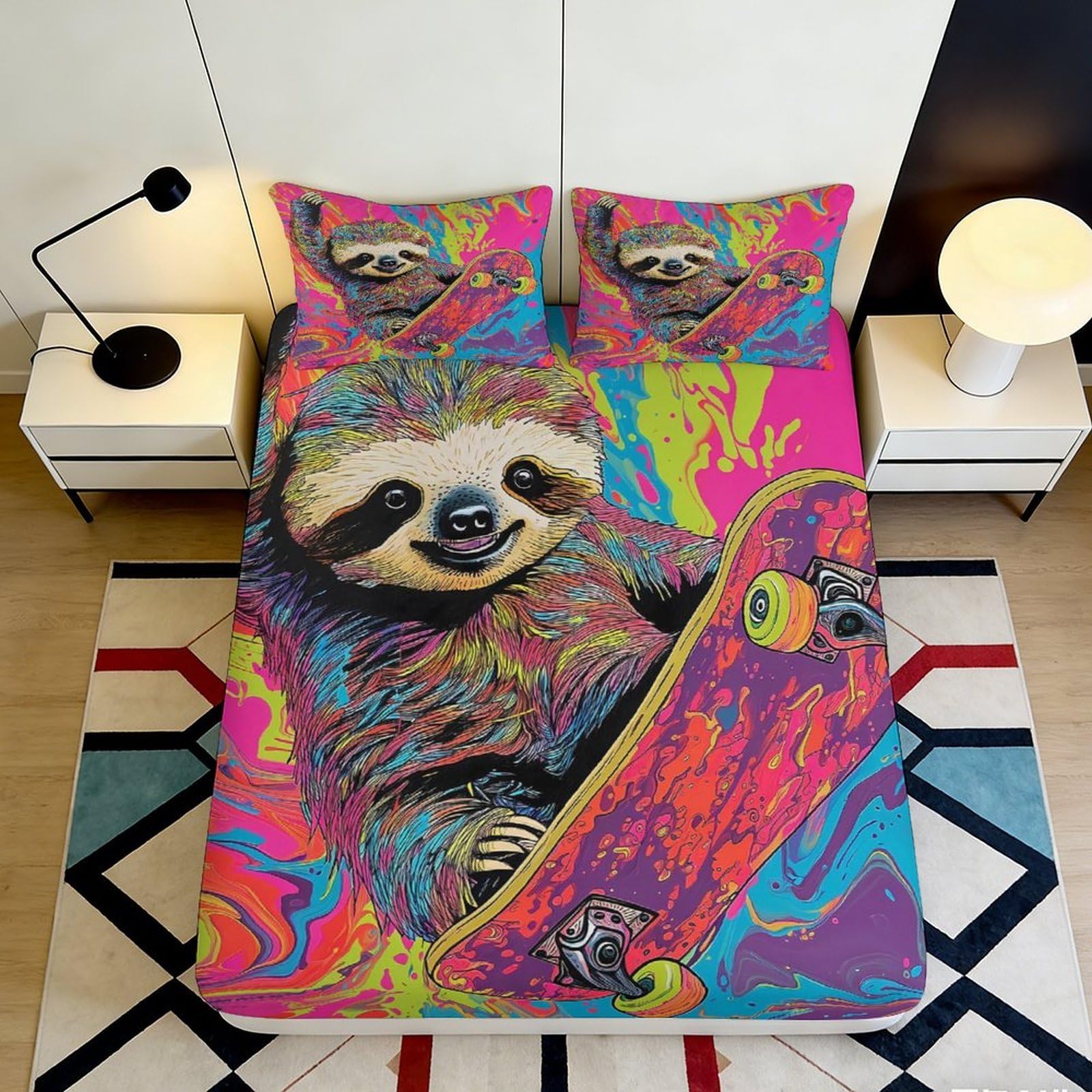 3D Printed Skateboarding Sloth Fitted Sheet Microfiber Colourful Bed Sheet for Bedroom Guest Room Decor Mattress Protection 90x200x25cm