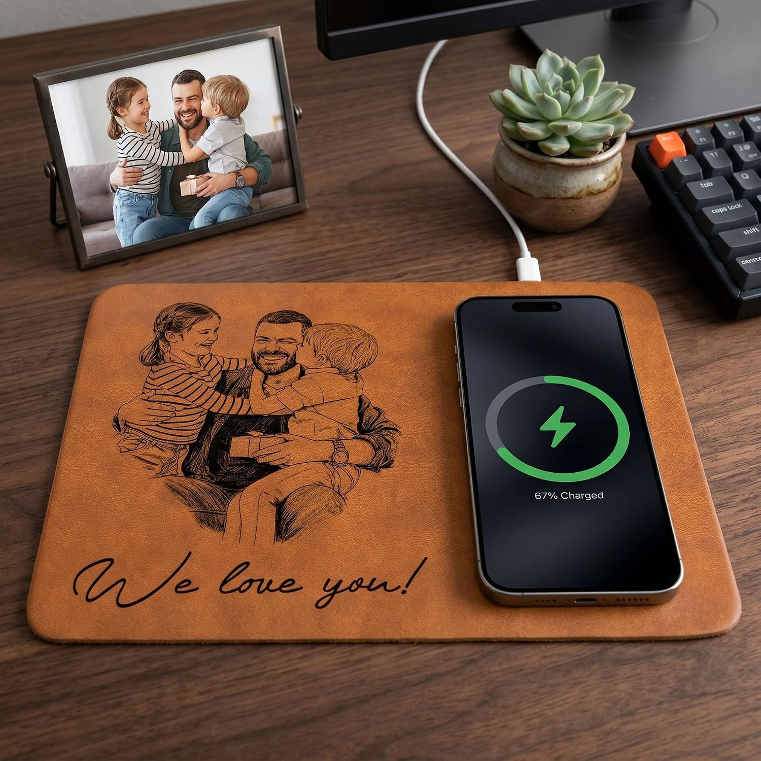 Macorner Personalized Charging Pad for Dad from Kids, Custom Photo Sketch Charger Desk Mat, Custom Family Line Art