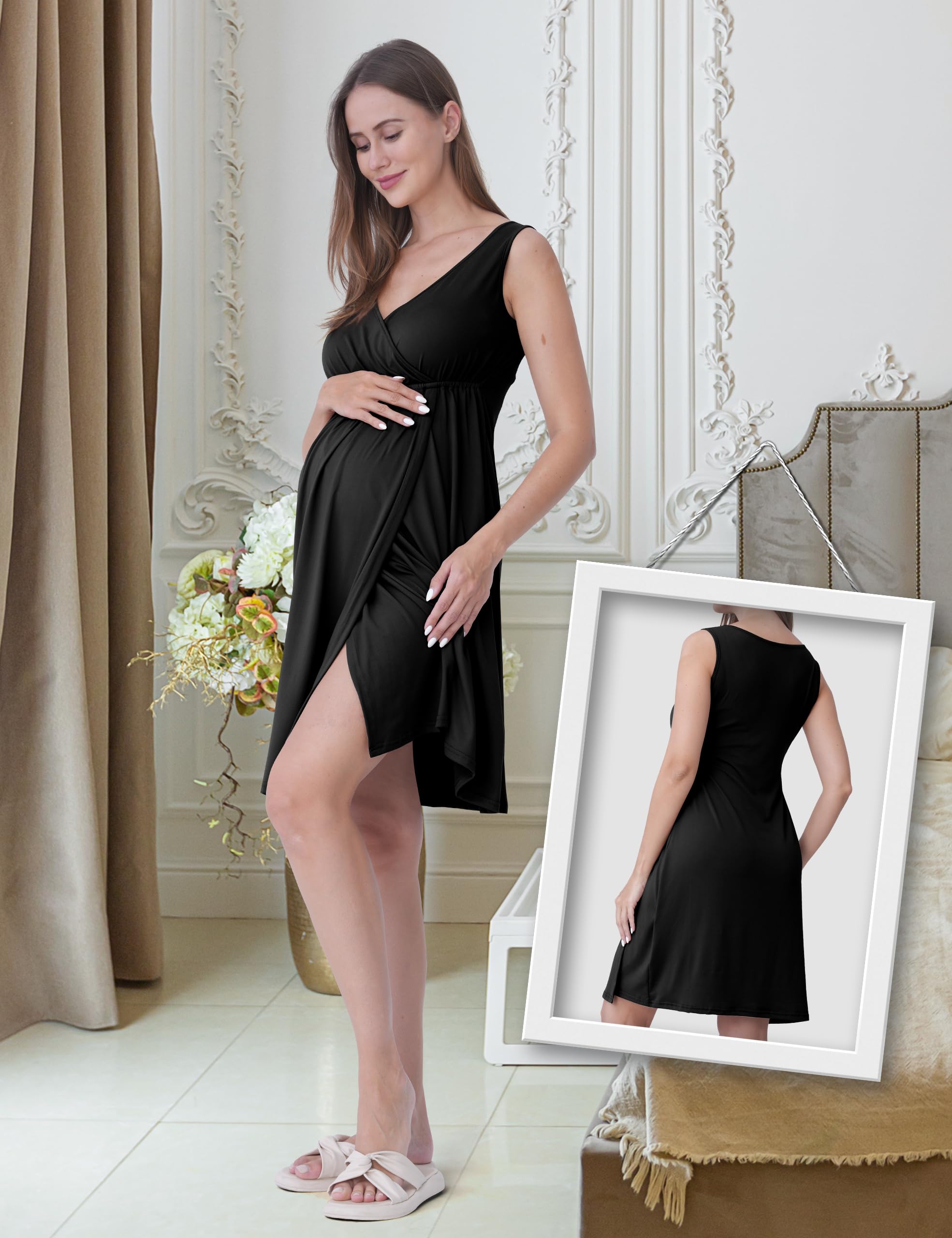 SUNNYBUY Camicia da notte premaman e allattamento con vestaglia, 2 pezzi, 3 in 1, per nascita, letto settimanale e allattamento, biancheria da notte ospedale, nero, S