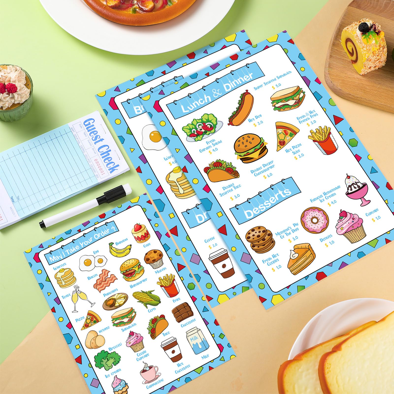 Juego de 6 piezas de juguetes de menús de restaurante para niños, almohadillas de pedidos de comida de cocina, 4 menús de simulación, 1 bloc de notas de servidor de verificación de invitados, 1 3