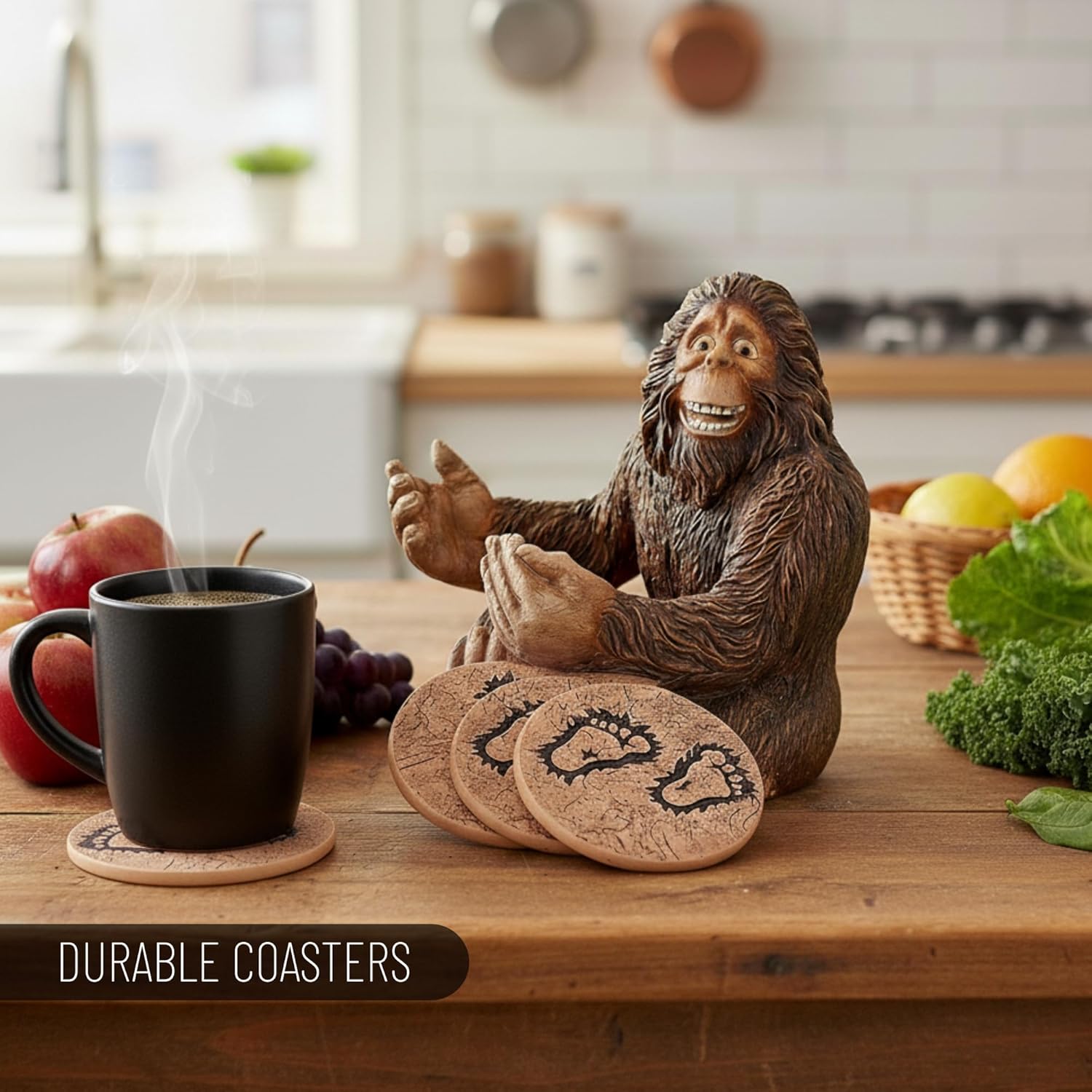 Pine Ridge Rustic Chic Drink Coaster Set with Holder for The Man Cave Old West Decor Rustic Hunter Cabin Theme Cabin Dining Furniture Gun Gifts for Men (Bigfoot Sasquatch Brown)