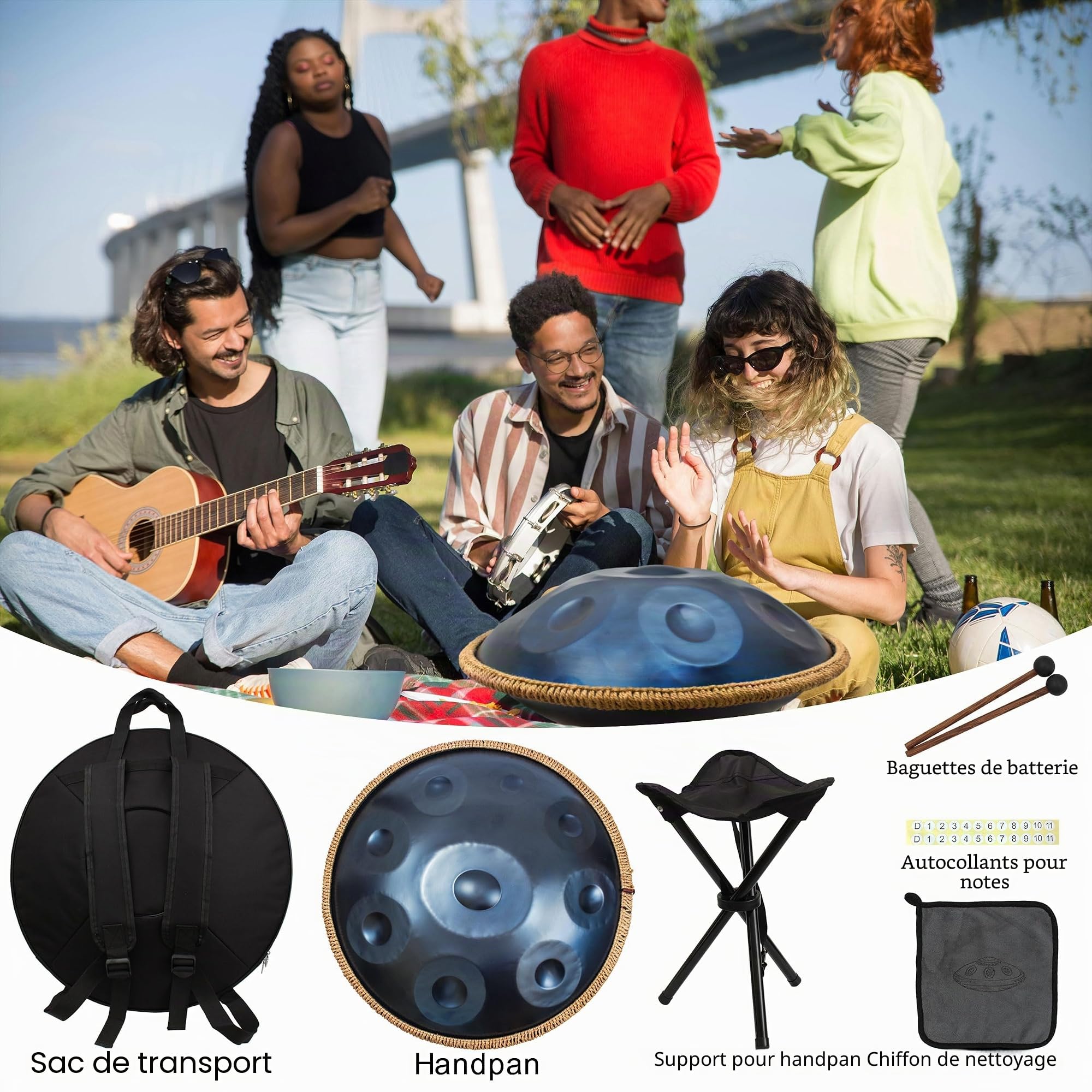 Handpan de 45,7 cm pour adultes, instrument Hand pan en Ré mineur Kurd de qualité supérieure avec 9 notes accordées avec précision, Handpan 432 Hz pour débutants
