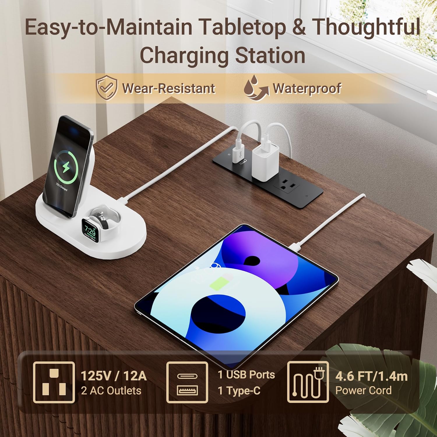 Fluted Nightstand, Night Stand Set 2, Nightstands Set of 2 with Charging Station, 2 Drawer Wooden End Table with Rounded Corners & Solid Wood Legs, Modern Bedside Table for Bedroom, Walnut