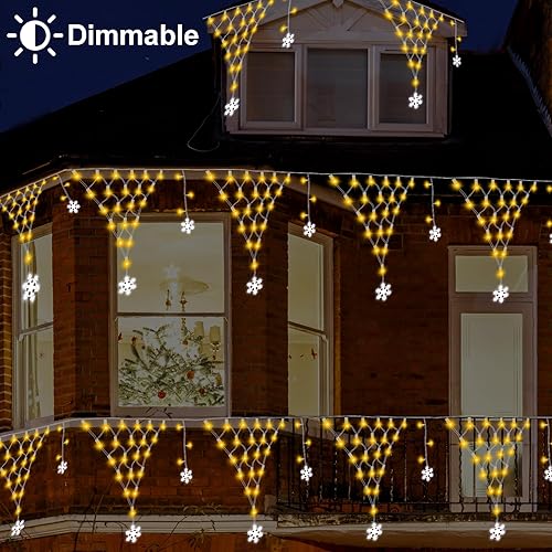Miniatura 5 de Red de luces de Navidad para exteriores, 207 luces LED de red de 13.1 pies de largo x 1.9 pies de alto con 12 tapones de copo de nieve, regulables,