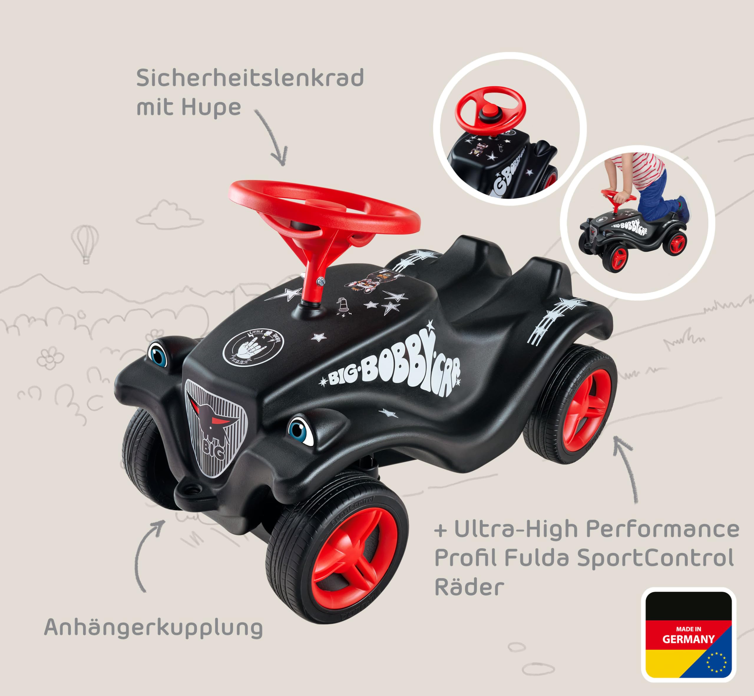 Big Bobby Car Classic Little Rocker - Rutschauto im dunklen Rock n‘ Roll-Design mit Breiten, extra leisen Fulda Rädern, mechanischer Hupe, bis 50 kg, für Kinder ab 12 Monaten