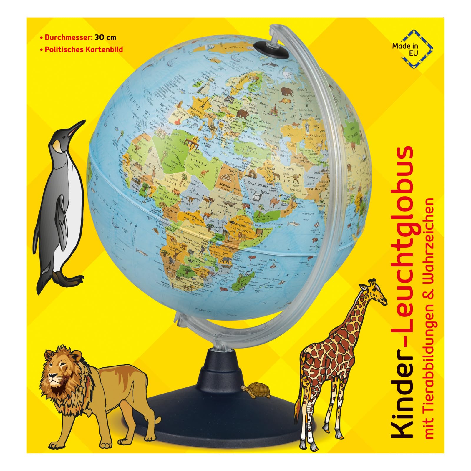Idena 22059 - Kinder Leuchtglobus mit Tierabbildungen, Lernspielzeug, Durchmesser 30 cm (Single Pack)